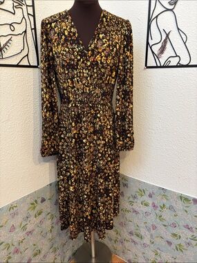 NorthStyle long balloon sleeve black and yellow floral midi dress. Size S.